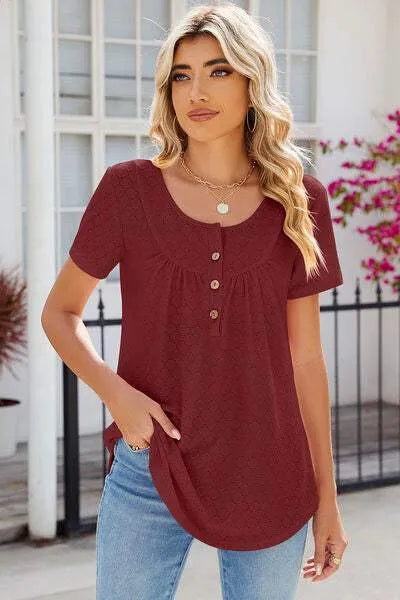 Eyelet Quarter Button Short Sleeve T-Shirt Women's T-Shirts - Tophatter Daily Deals